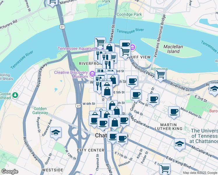 map of restaurants, bars, coffee shops, grocery stores, and more near 408 Market Street in Chattanooga
