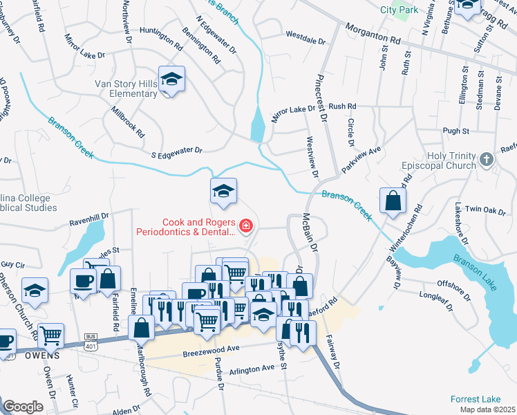 map of restaurants, bars, coffee shops, grocery stores, and more near 587 Winding Creek Road in Fayetteville