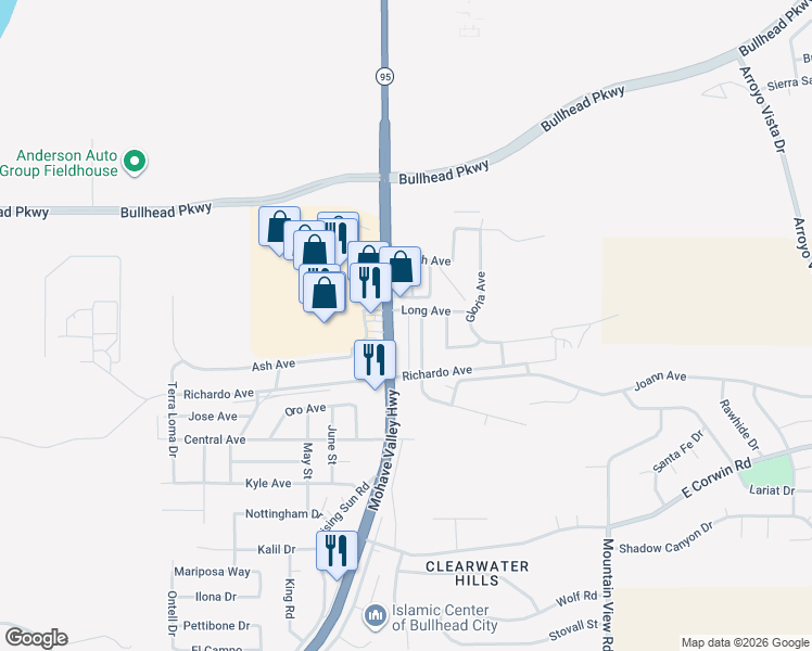 map of restaurants, bars, coffee shops, grocery stores, and more near 3706 Arizona 95 in Bullhead City