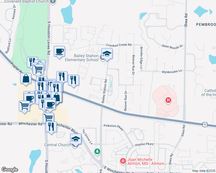map of restaurants, bars, coffee shops, grocery stores, and more near 3545 West Taplow Way in Collierville