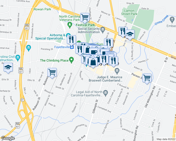 map of restaurants, bars, coffee shops, grocery stores, and more near 200 Maxwell Street in Fayetteville