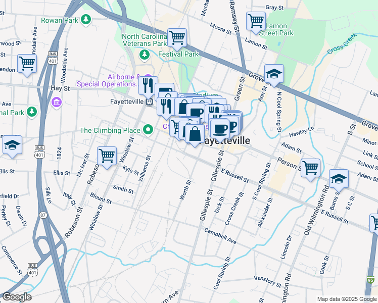 map of restaurants, bars, coffee shops, grocery stores, and more near 148 Maxwell Street in Fayetteville