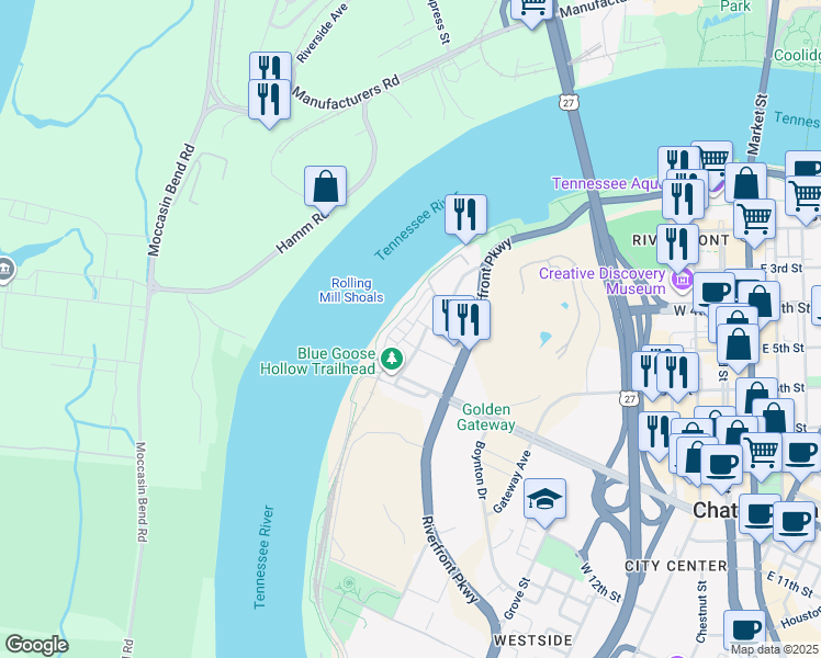 map of restaurants, bars, coffee shops, grocery stores, and more near 902 Spinnaker Way in Chattanooga