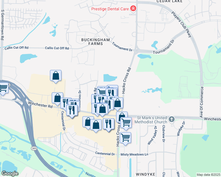 map of restaurants, bars, coffee shops, grocery stores, and more near 3575 Hacks Cross Rd in Memphis