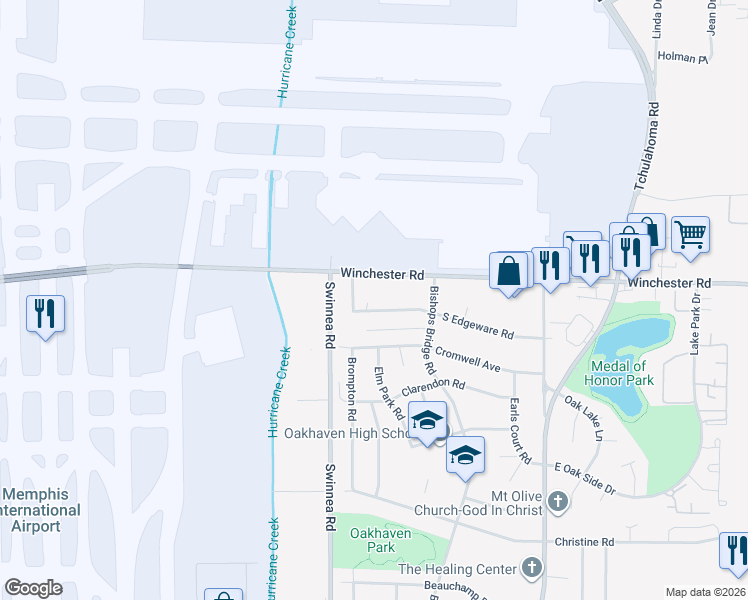map of restaurants, bars, coffee shops, grocery stores, and more near 3540 West Edgeware Road in Memphis