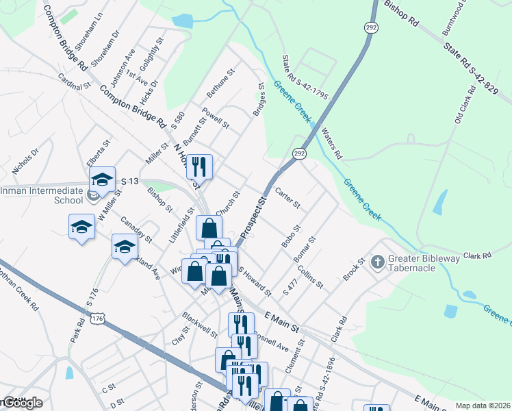 map of restaurants, bars, coffee shops, grocery stores, and more near 21 Prospect Street in Inman