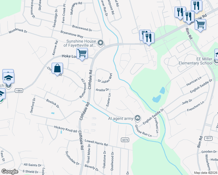 map of restaurants, bars, coffee shops, grocery stores, and more near 6724 Saint Julian Way in Fayetteville
