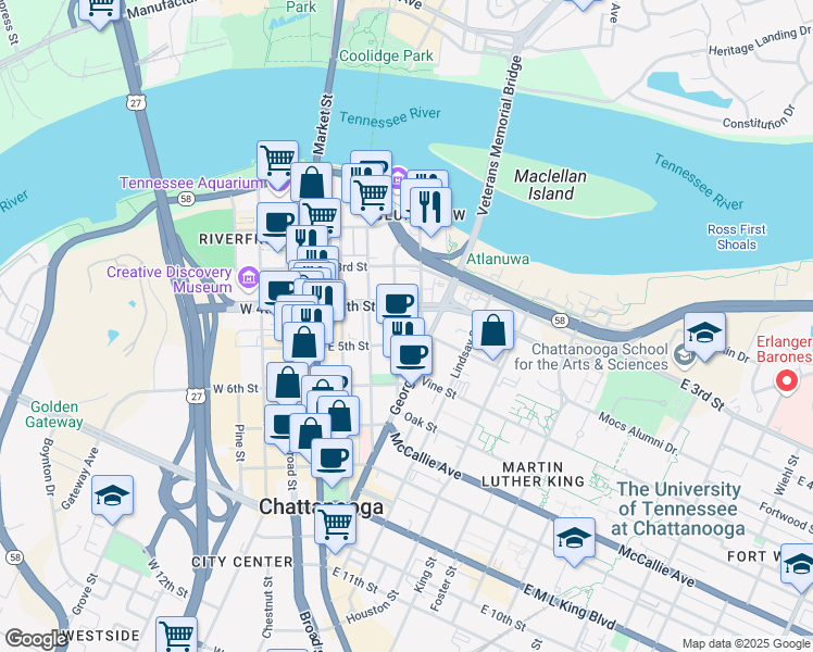 map of restaurants, bars, coffee shops, grocery stores, and more near 425 High Street in Chattanooga