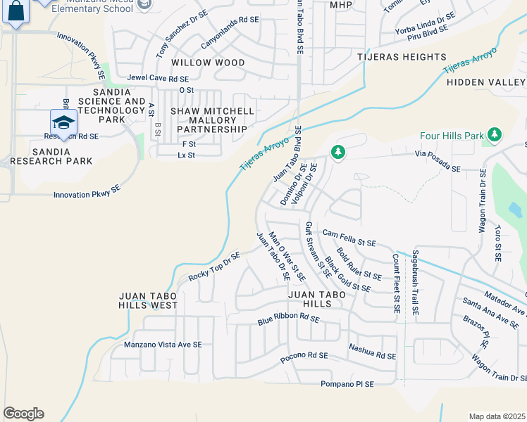 map of restaurants, bars, coffee shops, grocery stores, and more near 1701 Man O War Street Southeast in Albuquerque