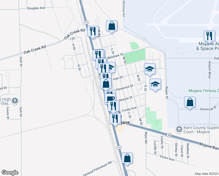 map of restaurants, bars, coffee shops, grocery stores, and more near 15821 K Street in Mojave