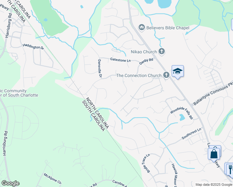 map of restaurants, bars, coffee shops, grocery stores, and more near 12319 Delcorte Lane in Pineville