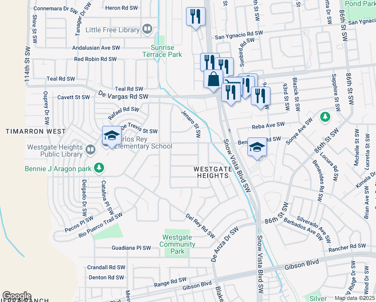 map of restaurants, bars, coffee shops, grocery stores, and more near 10008 Benavides Road Southwest in Albuquerque