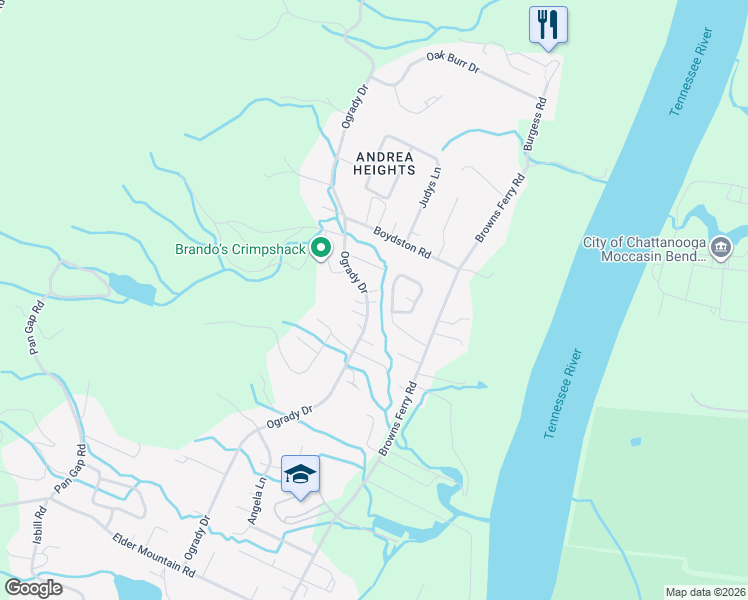 map of restaurants, bars, coffee shops, grocery stores, and more near 3321 Bonneville Circle in Chattanooga