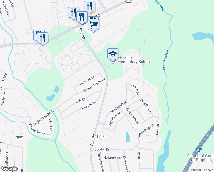 map of restaurants, bars, coffee shops, grocery stores, and more near 1361 Rim Road in Fayetteville