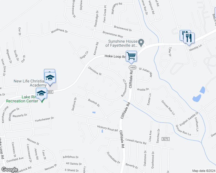 map of restaurants, bars, coffee shops, grocery stores, and more near 6716 Newland Circle in Fayetteville