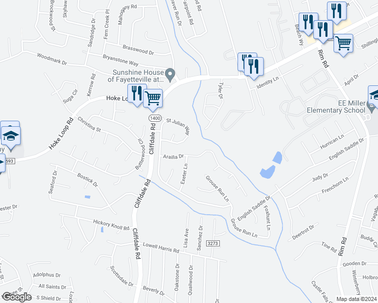 map of restaurants, bars, coffee shops, grocery stores, and more near 1270 Arailia Drive in Fayetteville