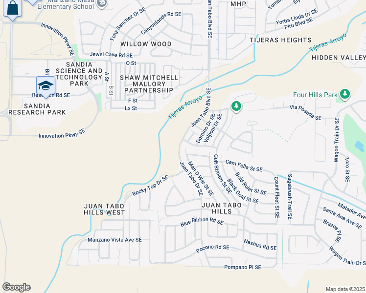 map of restaurants, bars, coffee shops, grocery stores, and more near 1701 Man O War Street Southeast in Albuquerque
