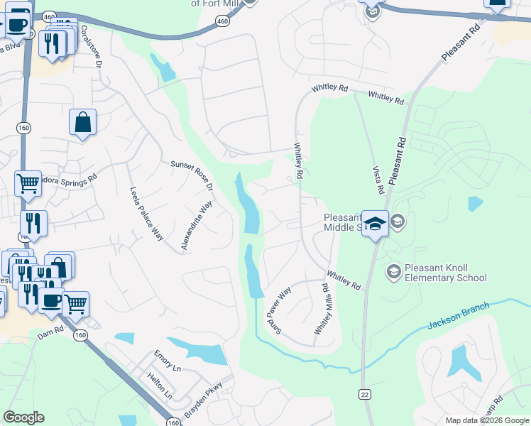 map of restaurants, bars, coffee shops, grocery stores, and more near 2365 Whitley Road in Fort Mill