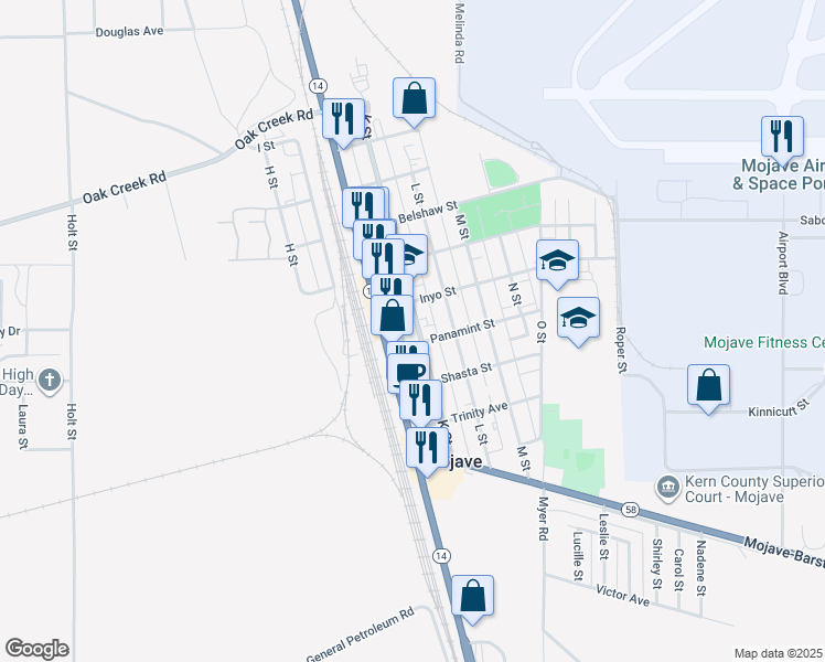 map of restaurants, bars, coffee shops, grocery stores, and more near 15821 K Street in Mojave