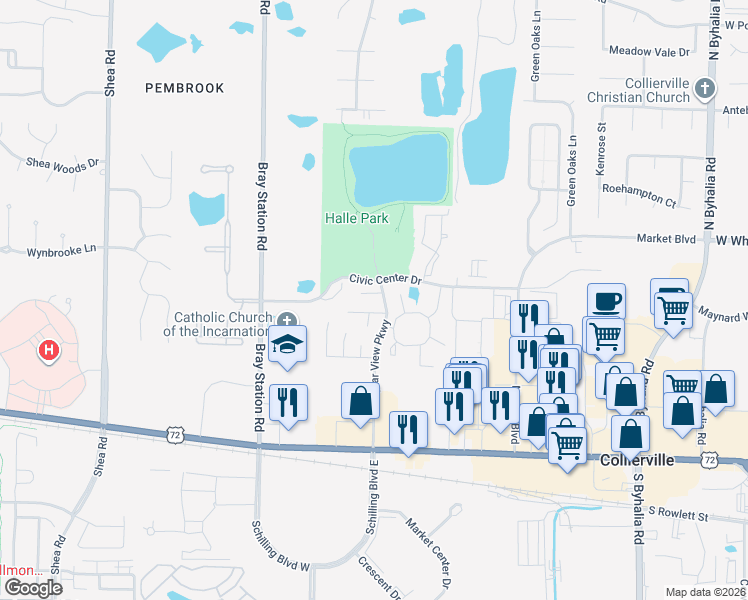 map of restaurants, bars, coffee shops, grocery stores, and more near 451 Sweet Apple Cove in Collierville