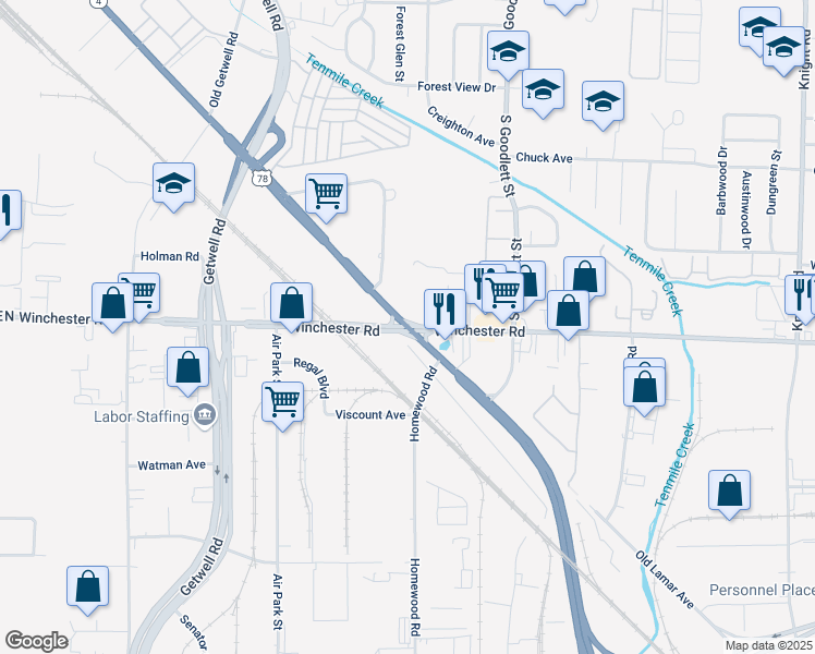 map of restaurants, bars, coffee shops, grocery stores, and more near Lamar Ave & Winchester Rd in Memphis