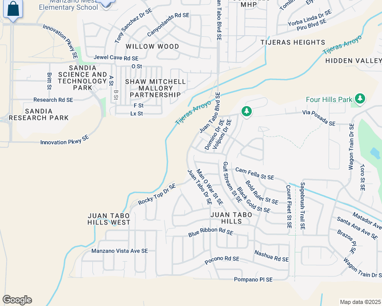 map of restaurants, bars, coffee shops, grocery stores, and more near 1701 Man O War Street Southeast in Albuquerque