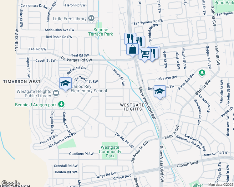 map of restaurants, bars, coffee shops, grocery stores, and more near 10008 Benavides Road Southwest in Albuquerque