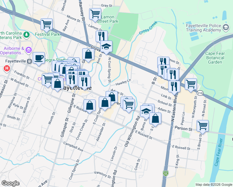 map of restaurants, bars, coffee shops, grocery stores, and more near 329 Adams Street in Fayetteville