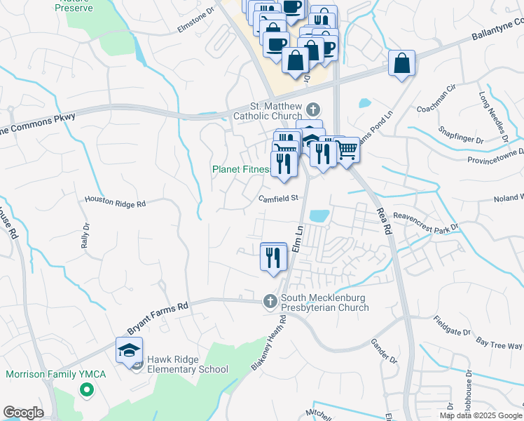 map of restaurants, bars, coffee shops, grocery stores, and more near 8315 Southgate Commons Drive in Charlotte