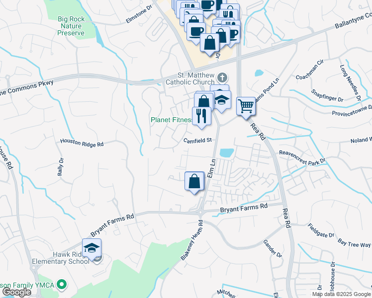 map of restaurants, bars, coffee shops, grocery stores, and more near 8315 Southgate Commons Drive in Charlotte