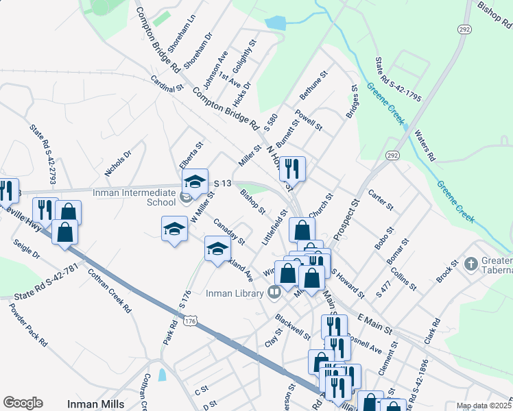 map of restaurants, bars, coffee shops, grocery stores, and more near 65 North Main Street in Inman