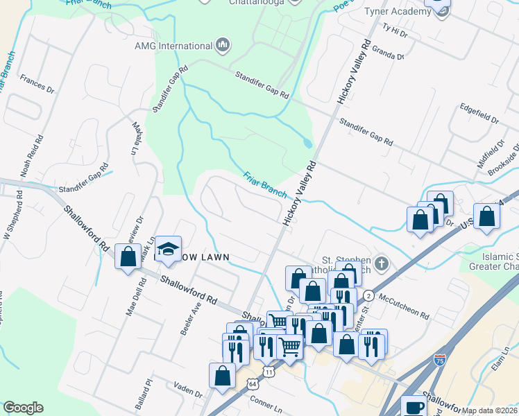 map of restaurants, bars, coffee shops, grocery stores, and more near 6722 Hickory Brook Road in Chattanooga