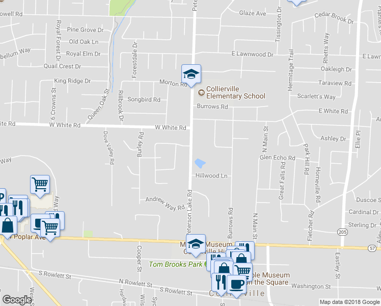 map of restaurants, bars, coffee shops, grocery stores, and more near 431 Peterson Lake Road in Collierville