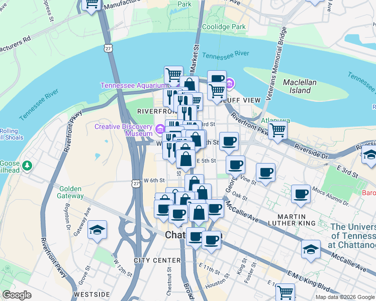 map of restaurants, bars, coffee shops, grocery stores, and more near 417 Market Street in Chattanooga
