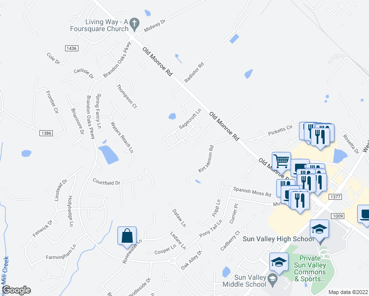 map of restaurants, bars, coffee shops, grocery stores, and more near 6024 Old Monroe Road in Indian Trail