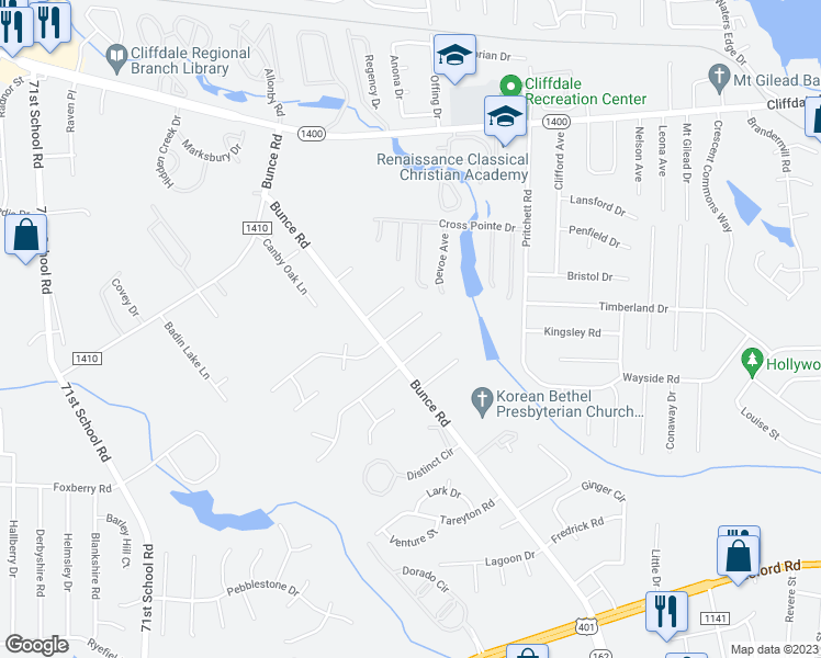 map of restaurants, bars, coffee shops, grocery stores, and more near 6493 Saint Louis Street in Fayetteville