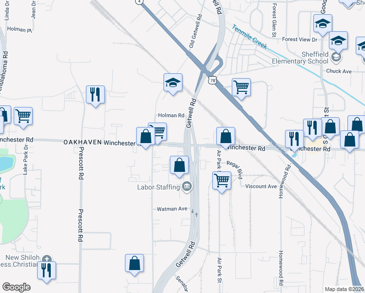 map of restaurants, bars, coffee shops, grocery stores, and more near 3545 New Getwell Road in Memphis