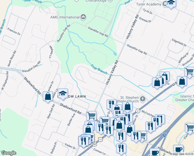 map of restaurants, bars, coffee shops, grocery stores, and more near 6722 Hickory Brook Road in Chattanooga
