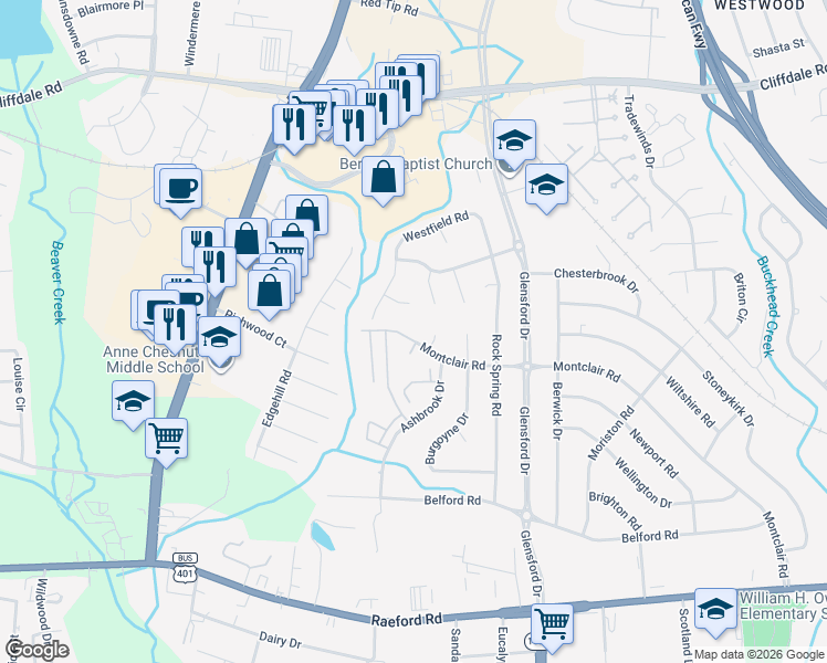 map of restaurants, bars, coffee shops, grocery stores, and more near 595 Montclair Road in Fayetteville