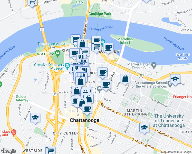 map of restaurants, bars, coffee shops, grocery stores, and more near Walnut Street in Chattanooga