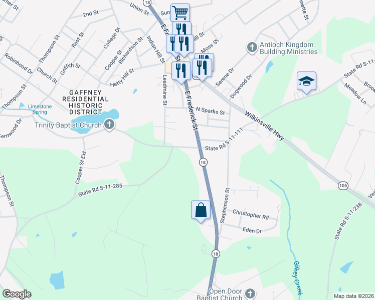 map of restaurants, bars, coffee shops, grocery stores, and more near 1014 East Oneal Street in Gaffney