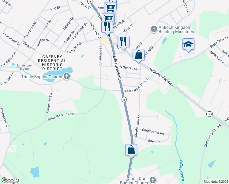map of restaurants, bars, coffee shops, grocery stores, and more near 1014 East O'neal Street in Gaffney