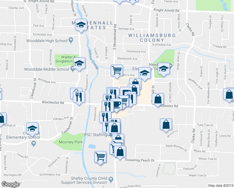 map of restaurants, bars, coffee shops, grocery stores, and more near 3560 South Mendenhall Road in Memphis