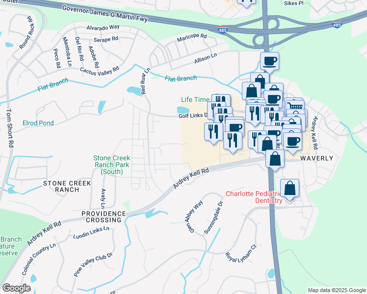 map of restaurants, bars, coffee shops, grocery stores, and more near 10500 Midway Park Dr in Charlotte