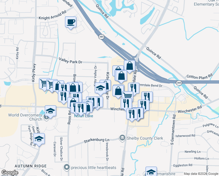 map of restaurants, bars, coffee shops, grocery stores, and more near 6889 Kirby Mills Cove in Memphis