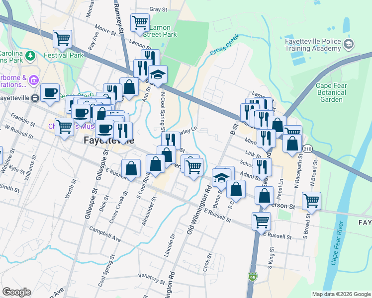 map of restaurants, bars, coffee shops, grocery stores, and more near 349 Adam Street in Fayetteville