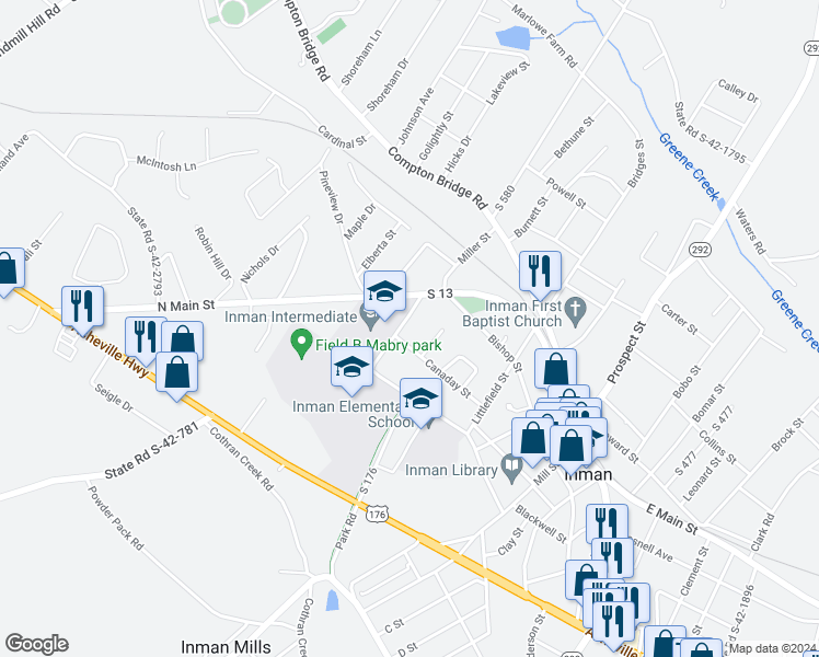 map of restaurants, bars, coffee shops, grocery stores, and more near 7 West Miller Street in Inman