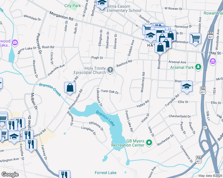 map of restaurants, bars, coffee shops, grocery stores, and more near 1604 Twin Oak Drive in Fayetteville