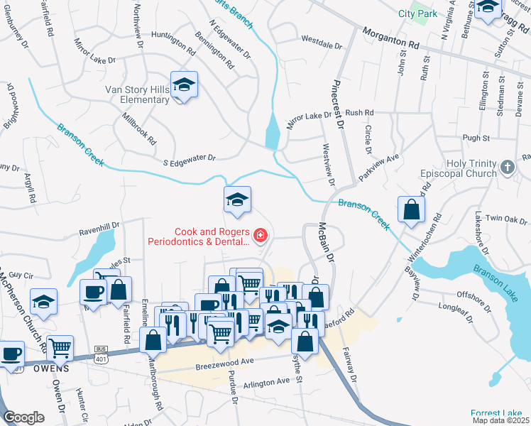 map of restaurants, bars, coffee shops, grocery stores, and more near 573 Winding Creek Road in Fayetteville