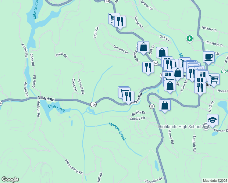 map of restaurants, bars, coffee shops, grocery stores, and more near 82 Upper Buttermilk Road in Highlands